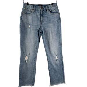 J.Crew Blue Stretch Distressed Raw Hem Ankle Mid Rise Slim Boyfriend Jeans Sz 27